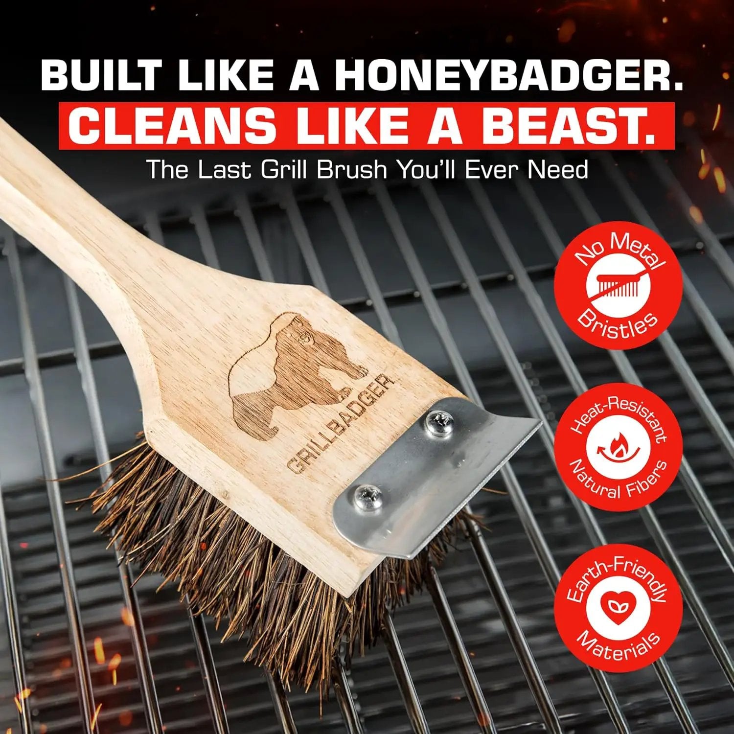 Natural Grill Brush Non Metal Bristles - Durable Non Metal Grill Brush Outdoor Grills Wooden Handle BBQ Cleaning Non-Wire High Temp Cleaner for Cast Iron Grates Safer Scrubber Tools by GRILLBADGER by GreenHaven Gardens