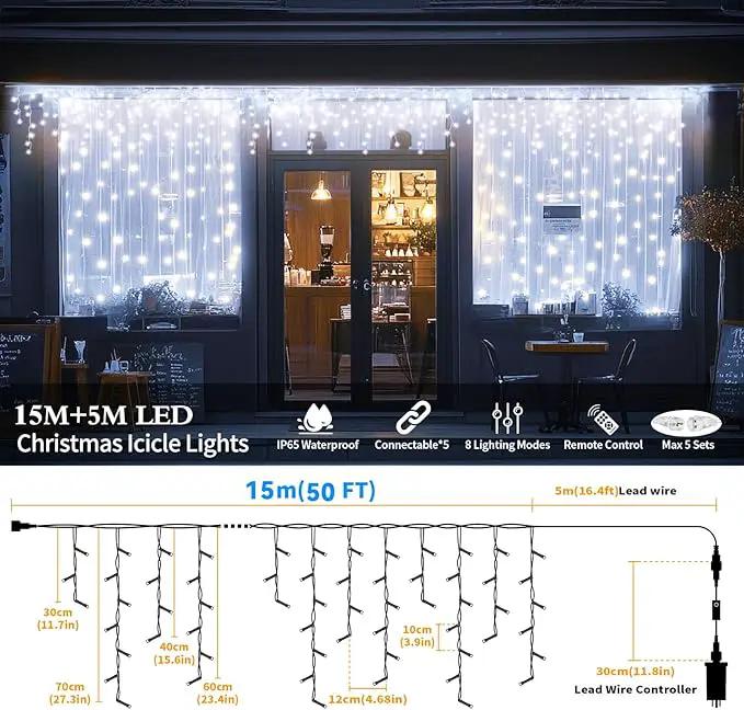XZAI 800LED 50FT, Icicle String Lights, Plug-in, Cool White, Christmas Party Decors, Connectable, Memory, Remote, 8 Modes, Timer, Dimmable, IP65 Waterproof, Hanging Light for Outdoor & Indoor Use by GreenHaven Gardens