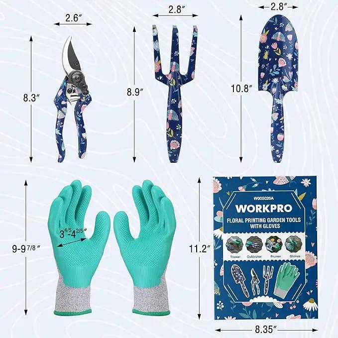 WORKPRO Aluminum Garden Tool Set, 4PCS Heavy Duty Hand Garden Tools with Box Include Trowel, Rake, Pruner, Garden Gloves, Floral and Insect Printing, Garden Gifts by GreenHaven Gardens
