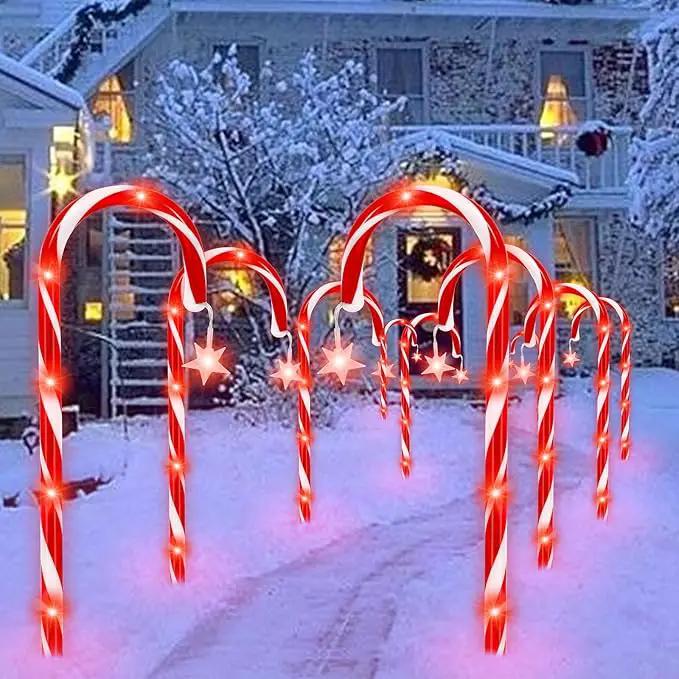 PINPON Christmas Solar Candy Cane Lights 10 Pack, 21" Pathway Markers Walkway Lights with Star, 8 Modes & 3 Timings Xmas Decorations for Outdoor Pathway Garden Yard Patio by GreenHaven Gardens