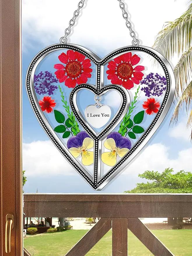 KY&BOSAM Heart Suncatchers I Love You Stained Glass Hangings for Windows Suncatcher Birthday Gifts for Women Mothers Valentine`s Day Real Flower Glass & Metal Maker for Christmas Party Home Decor by GreenHaven Gardens