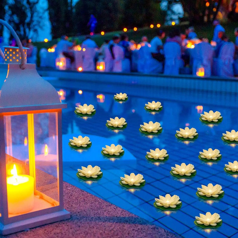 Liliful 24 Pcs Diwali Lotus Decoration Pool Floating Lights, Artificial Flowers Lotus with LED,Lily Pads Water Lantern for Indian Puja Home Decoration(3.94 Inch,White) by GreenHaven Gardens
