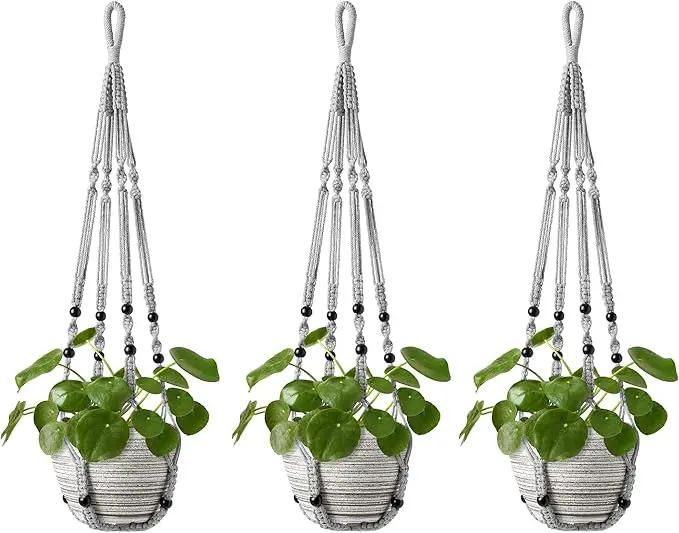 Mkono Macrame Plant Hanger Indoor Hanging Planter Basket with Wood Beads Decorative Flower Pot Holder No Tassels for Indoor Outdoor Boho Home Decor 35 Inch, Gray, Set of 3 (POTS NOT Included) by GreenHaven Gardens