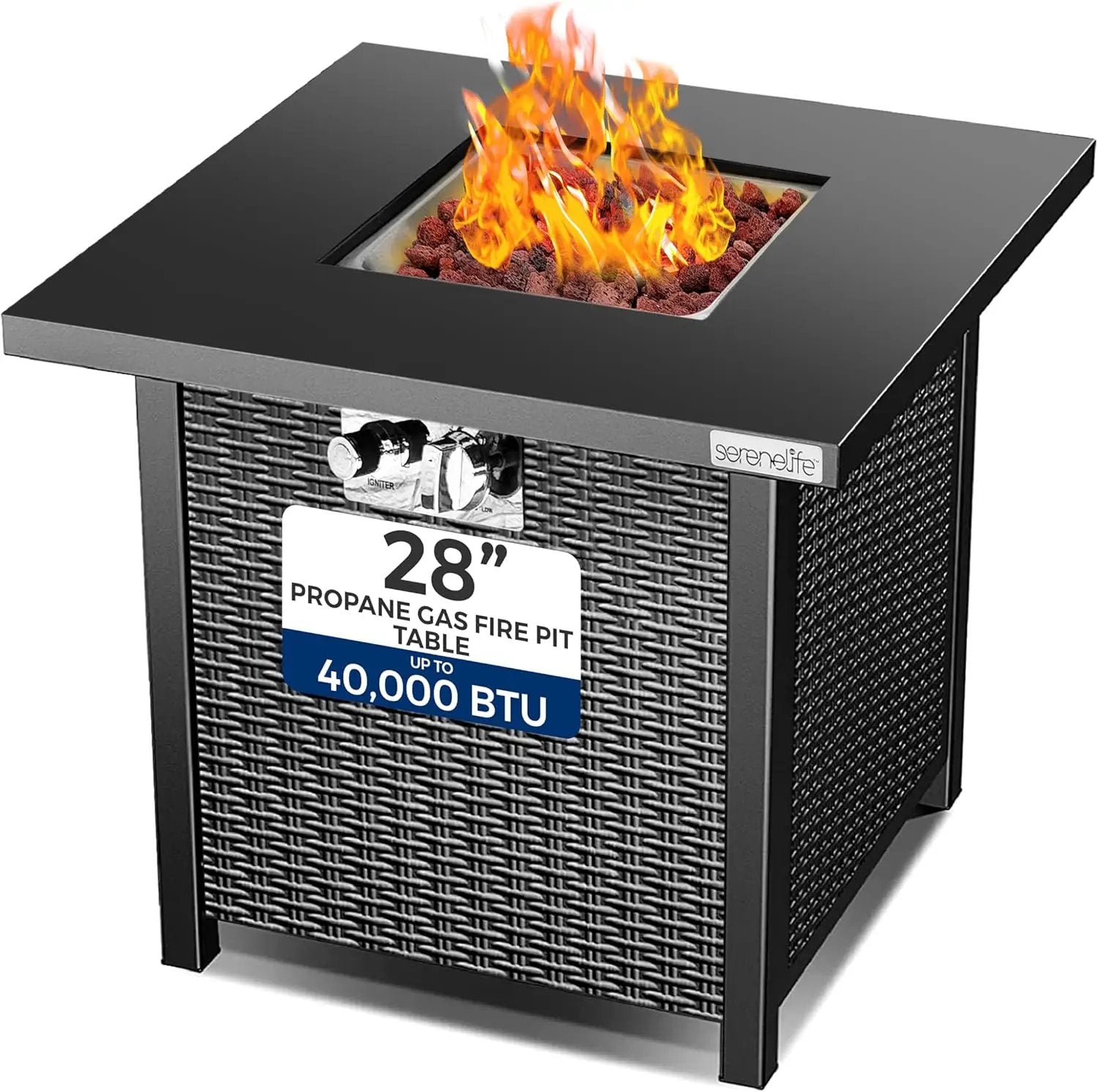 SereneLife 28" Propane Gas Fire Pit Table - 40,000 BTU Outdoor Fireplace with Cover, Stainless Steel Burner & Control Panel, Adjustable Flame, Weather Resistant, Easy Assembly, Outdoor Décor by GreenHaven Gardens