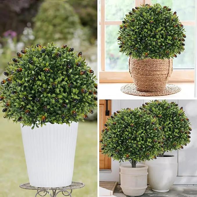 Artificial olive Topiary Ball Tree 24" with Ground Spike, Set of 2 Artificial Boxwood Bushes for Faux Shrubs, Fake Evergreen Faux Plant for Indoor Outdoor Porch Garden -UV Resistant–Fade-Proof by GreenHaven Gardens