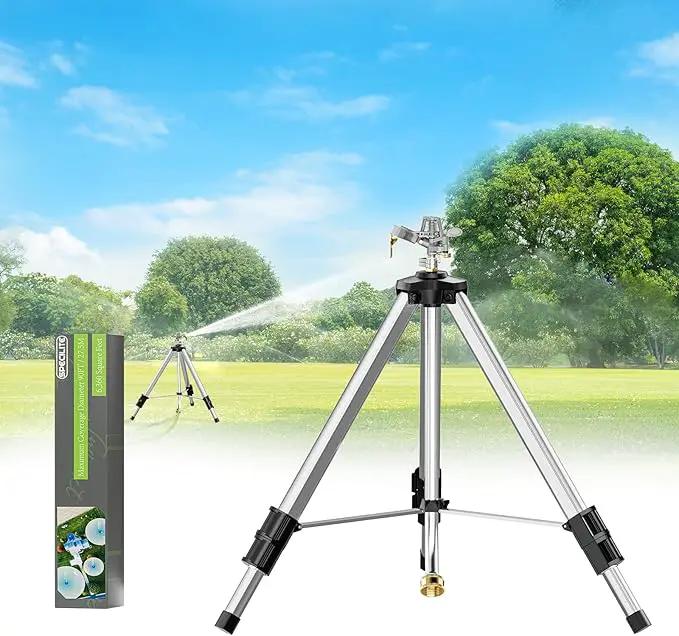 Brass Impact Sprinkler on Tripod Base, 50” Heavy Duty Metal Pulsating Telescoping Sprinkler, 360 Degree Irrigation for Large Area, Yard, Lawn, Waters up to 90ft, Covering up to 6360sqft by GreenHaven Gardens