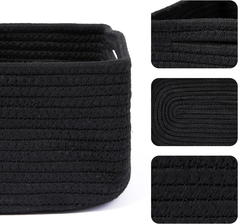 Small Storage Baskets for Organizing | Closet Organizer Bins | Shelf Toy Basket | Woven Rope Baskets | Cube Decorative Box | Shallow Basket | 13x8.5x5.1” | 3 Packs Black by GreenHaven Gardens