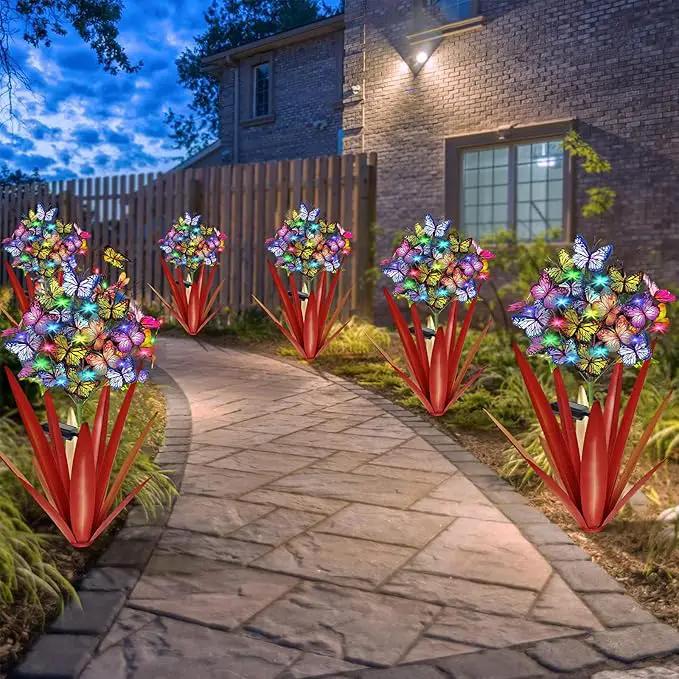 Homight Solar Metal Agave Butterfly Flower Stick Garden Sculpture - Outdoor Gift, Christmas Lights - Swaying Butterfly Garden Lights - Solar Outdoor (3 PCS RED) by GreenHaven Gardens