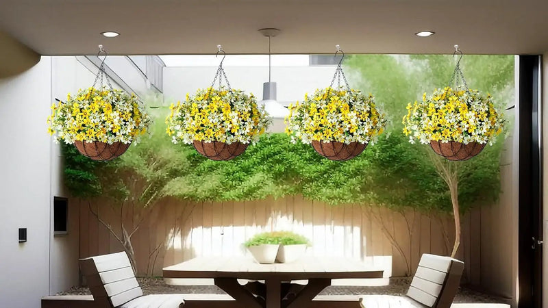 Artificial Silk Flowers Hanging Baskets Outdoors,Chrysanthemum with Eucalyptus Leaves Arrangement for Garden Yard Decor,Faux Plant in Metal Coconut Lining Flowerpot(Yellow) by GreenHaven Gardens