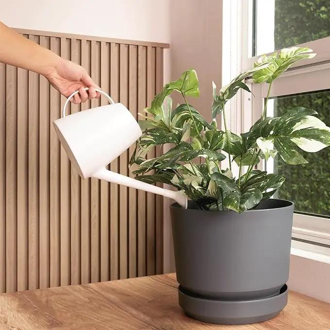 Elly Décor 8 inch Plastic Cylinder Planter Pot with Self-Watering Saucer and Drainage Hole,Lightweight & Extremely Durable, 8"x 8", Gray by GreenHaven Gardens