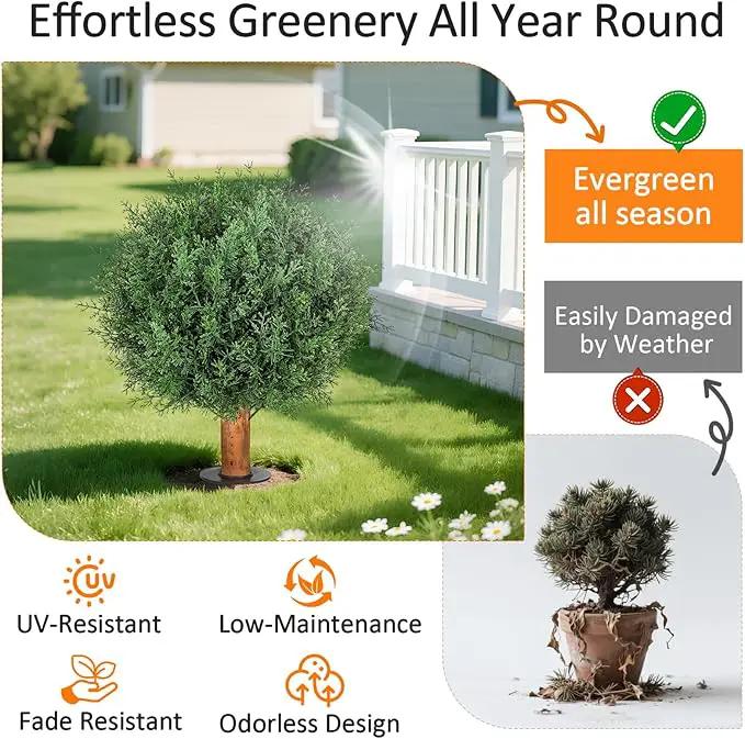 Artificial Cedar Shrubs Ball Trees with Ground Spike, 24.6 inche Tall UV-Resistant Fake Outdoor Plants Evergreen Trees, Realistic Faux Pine Bushes for Front Porch Home Patio Garden, 1 Pcs by GreenHaven Gardens