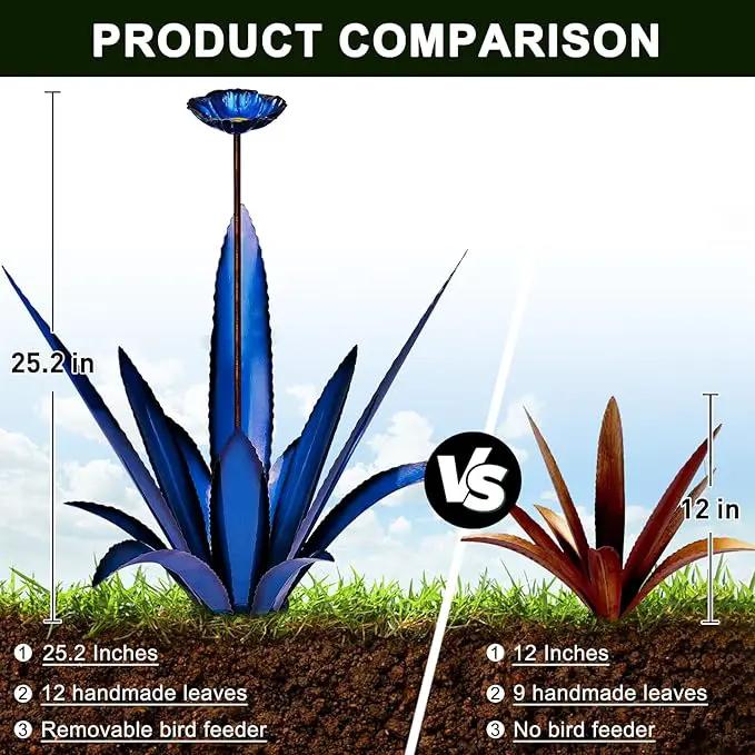 Upgraded Large Metal Yard Art, Metal Agave Plant Yard Decorations Outdoor Sculpture, Metal Flowers for Outside, Waterproof Outdoor Garden Decor (Blue+ Bird Feeder) by GreenHaven Gardens