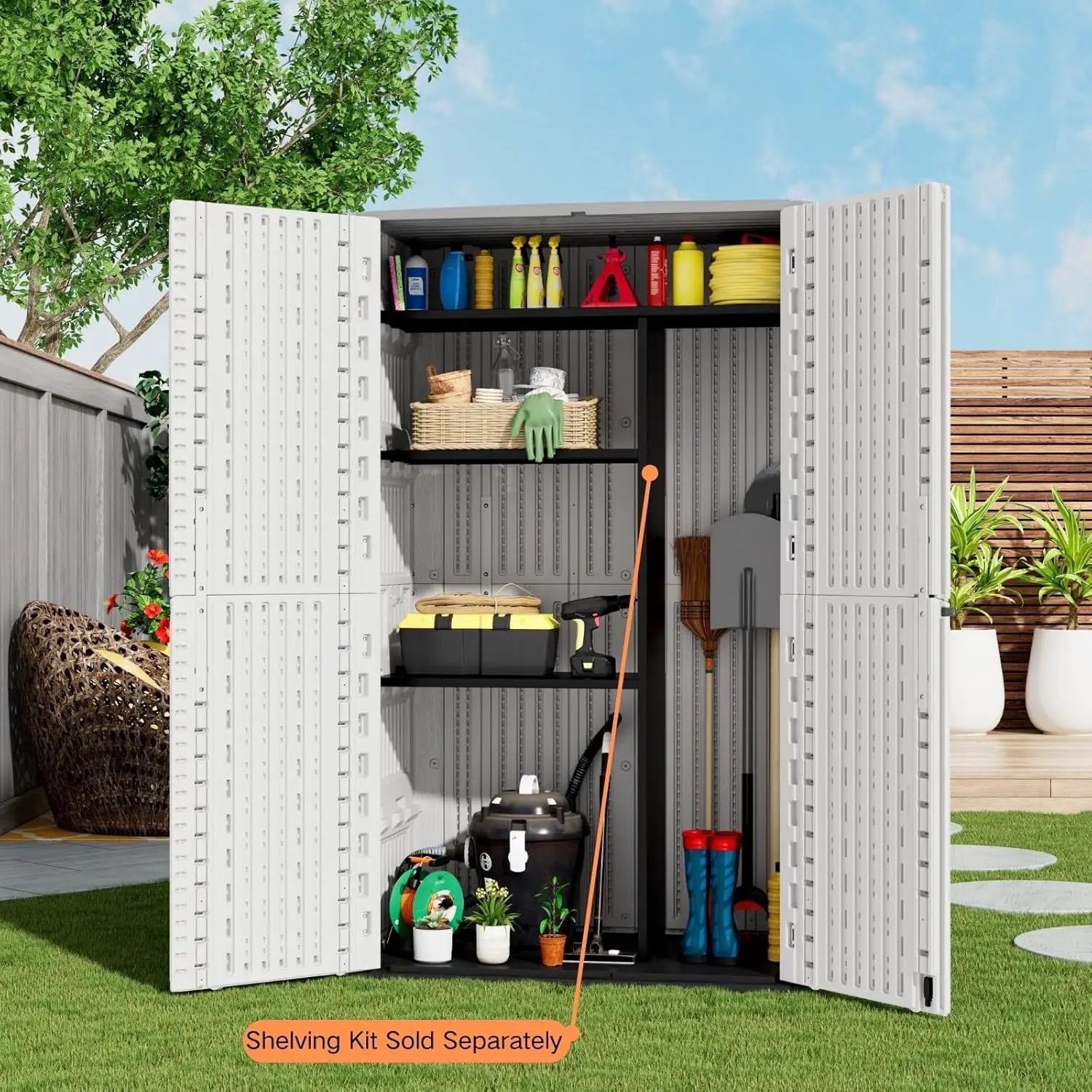 ZZM Resin Outdoor Storage Shed, 67 Cu.ft Vertical Resin Tool 4x6 FT Cabinet w/o Shelf for Garden, Patio, Backyard, All-Weather Outdoor Plastic Storage Clearance, Lockable with Floor (Light-White) by GreenHaven Gardens