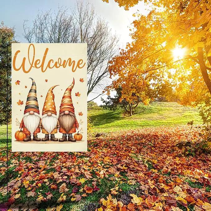Welcome Fall Garden Flag Autumn Gnomes Garden Flag 12x18 inch Double Sided Fall Thankful Maple Leaves Flags Holiday Decorations for Yard Lawn Patio (Flay 1809) by GreenHaven Gardens