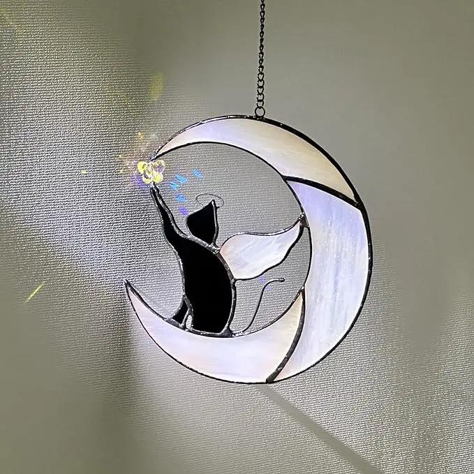 Stained Glass Suncatcher: Angel-Winged Cat Catching Butterfly on Moon - Memorial Gift for Cat Loss by GreenHaven Gardens