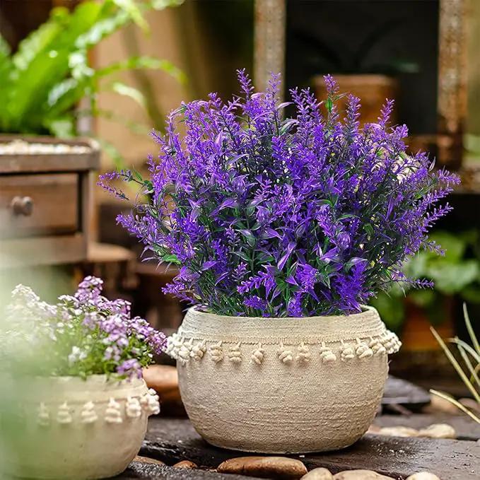 8 Pack Artificial Plants Flowers Grass Shrubs Lavender No Fade Faux Plastic Flowers Outdoor for Farmhouse Garden Porch Patio Indoor Wedding Decoration Greenery Fake Plants uv Resistant by GreenHaven Gardens