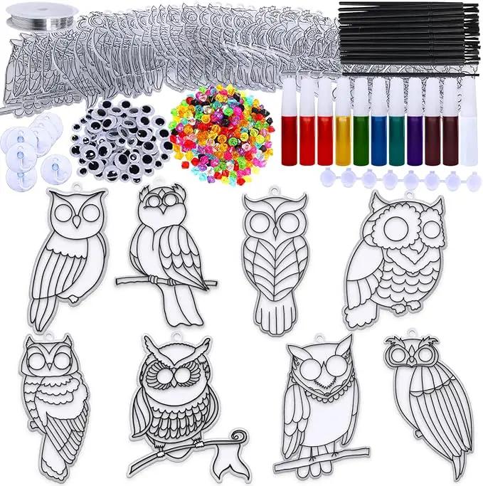 Winlyn 24 Sets Owl Suncatchers Ornaments Decorations DIY Window Paint Art Suncatchers Owl Craft Kits Sun Catchers for Kids Home Classroom Winter Holiday Season Fall Christmas Activities Party Favors by GreenHaven Gardens