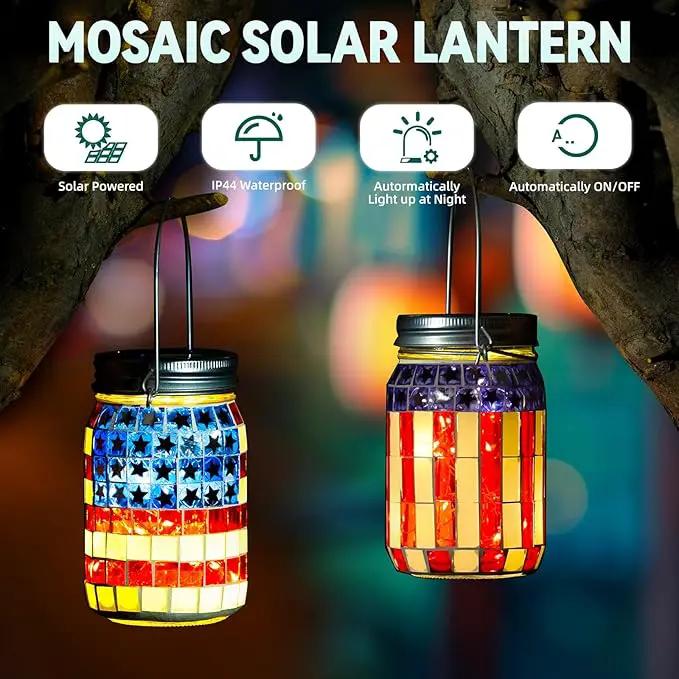 VOREEN 2 Pack Mosaic Solar Lanterns, Outdoor Glass Hanging Lights, Solar Table Lamps, Waterproof, American Flag Jar Lights Gifts, Patriotic Theme Decoration for Garden, Patio, Yard, Easter Gifts by GreenHaven Gardens