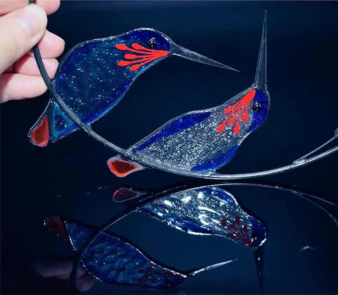 Lolitarcrafts Hummingbird with Flower Stained Glass Suncatcher Bird Stained Glass Window Hangings Hummingbird Gift for Home Decor (Blue 1 Pair) by GreenHaven Gardens