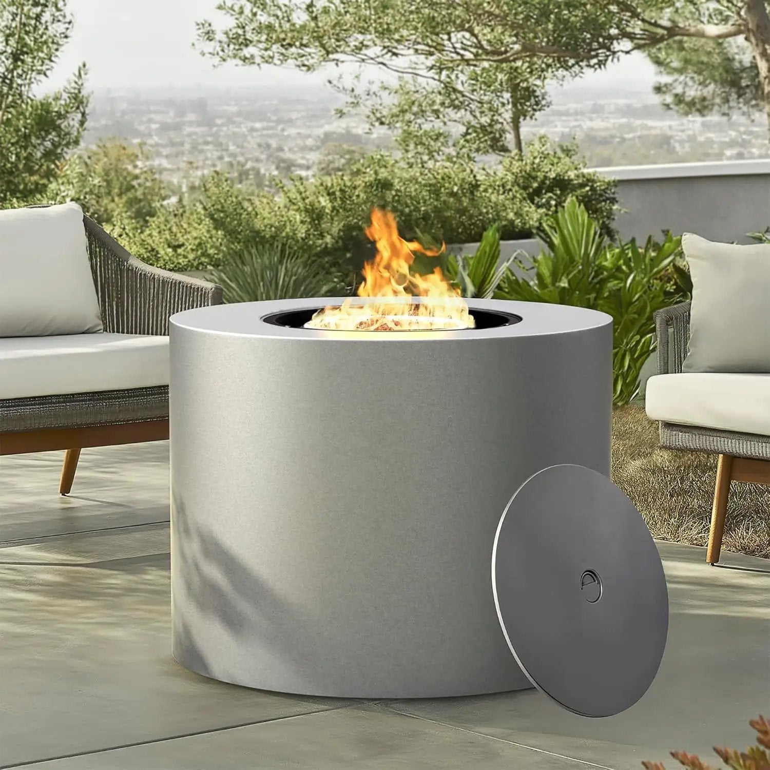 32 Inch Propane Outdoor Fire Pit Table, Round Patio Fire Table 50,000 BTU w/Lid, Lava Rocks, Weatherproof Cover, Alloy Steel Propane Fire Pit Table for Deck, Backyard and Pool, CSA Certified, Gray by GreenHaven Gardens