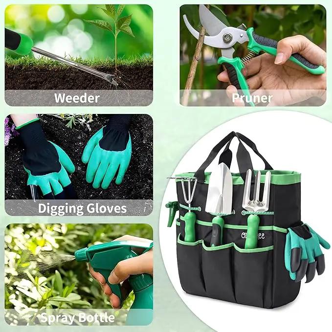 Garden Tool Set with Bag and Gloves, Heavy Duty Stainless Steel Gardening Tool Set, Ideal Gardening for Women and Men, Set of 9 by GreenHaven Gardens