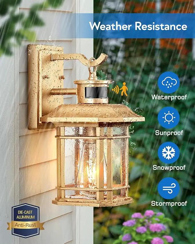 VIANIS Motion Sensor Porch Light, Gold Outdoor Light Fixture Dusk to Dawn, Outdoor Motion Sensor Light Wall Mount, Waterproof, Weather Resistant Carriage Lantern for House, Garage, Front Door by GreenHaven Gardens