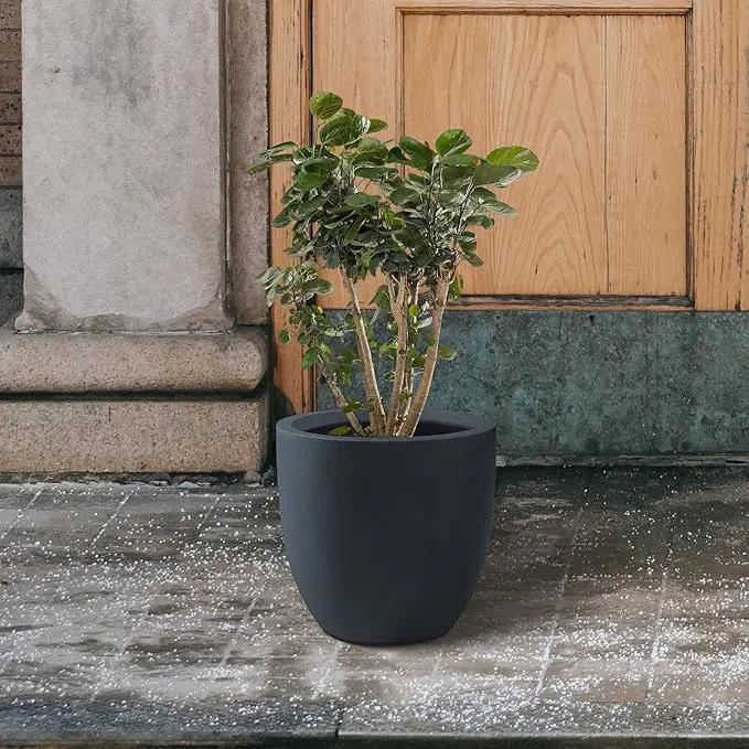Kante 10 Inch Dia Round Concrete Planter, Indoor Outdoor Large Plant Pot with Drainage Hole and Rubber Plug for Home Patio Garden, Charcoal by GreenHaven Gardens