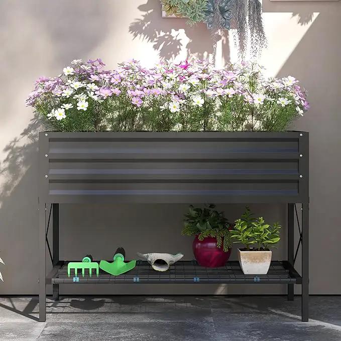 Outsunny Raised Garden Bed with Galvanized Steel Frame, Storage Shelf and Bed Liner, Elevated Planter Box with Legs for Vegetables, Flowers, Herbs, Dark Gray by GreenHaven Gardens