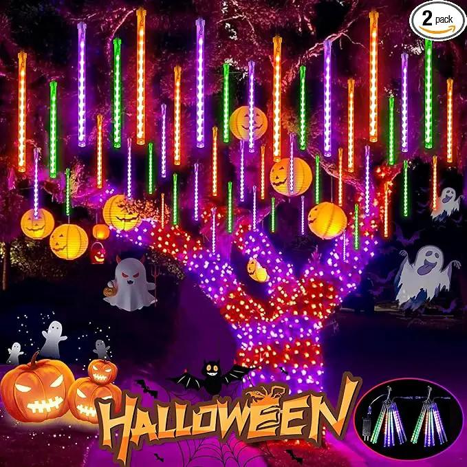 Outdoor Halloween Lights, 2-Pack Meteor Shower Lights Outdoor Waterproof, Total 432 LED 18 Tubes Snow Cascading String Lights Plug in for Party Garden Halloween Decorations (Orange Purple and Green) by GreenHaven Gardens