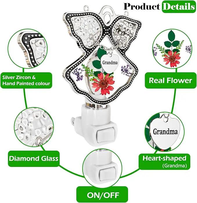 KY&BOSAM Night Light Grandma Stained Glass Angel Night Lights Plug Into Wall with Real Flower in Glass and Metal Charm Night Light for Nursery Bedroom Bathroom Accent Lite Elegant Home Decoration by GreenHaven Gardens