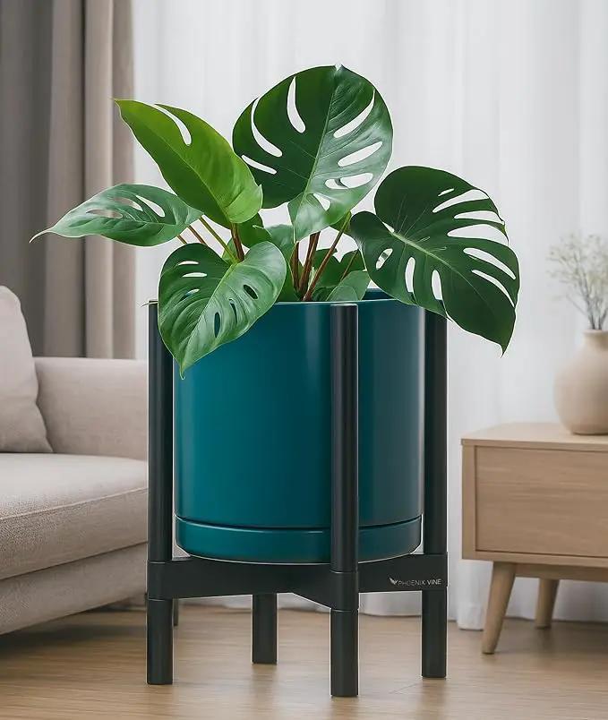D'vine Dev Ceramic Planter with Ebony Stand - 12 Inch Modern Round Flower Pot with Wood Planter Holder, Teal, 55-B-H-4 by GreenHaven Gardens