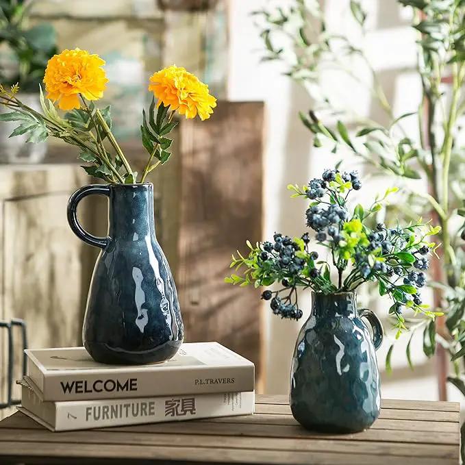 Ceramic Vase Set of 2, Blue Glazed Small Pottery Vases with Handles, Decorative Clay Vase Modern Farmhouse Decor, Centerpiece Dining Table Decorations Porcelain by GreenHaven Gardens
