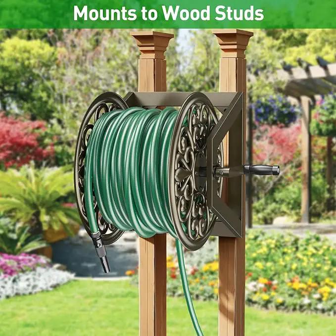 GOFORWILD Garden Wall/Floor Mount Hose Reel, Decorative Hose Reel, Garden Heavy-Duty Water Hose Holder Winder, Holds 200-Feet of 5/8-Inch Hose by GreenHaven Gardens