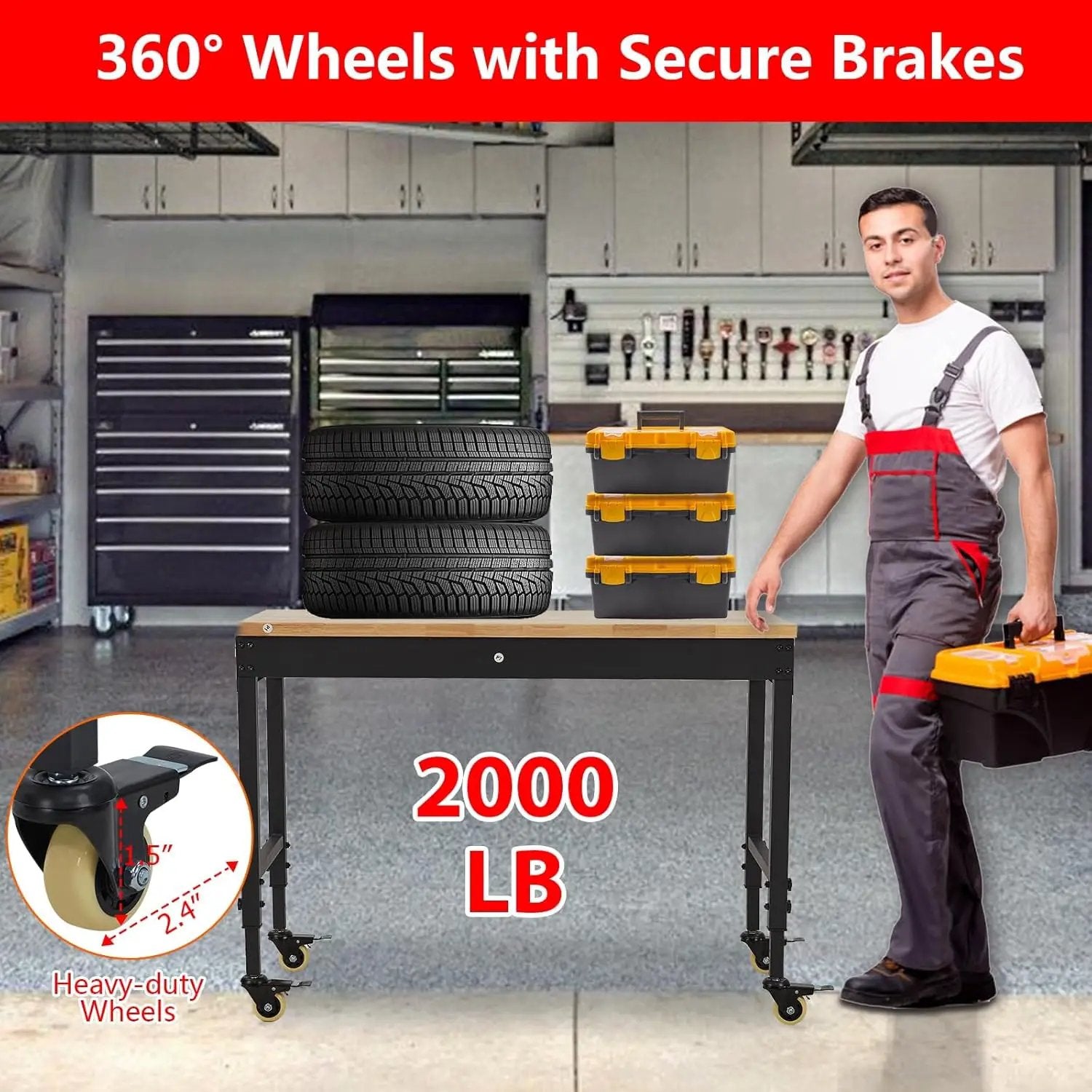 48'' Adjustable Workbench, Heavy Duty Workbench with Power Outlet and Lockable Wheels, 2000 LBS Capacity, Work Table Suitable for Office, Garage, Workshop by GreenHaven Gardens