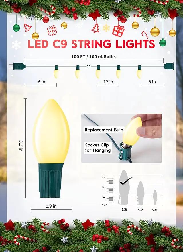 C9 LED Christmas Lights Outdoor, 100 Feet C9 String Lights with 100 Shatterproof Matte Bulbs, Connectable Waterproof Christmas Tree Lights for Holiday Roofline Backyard Garden Decor, Warm White by GreenHaven Gardens