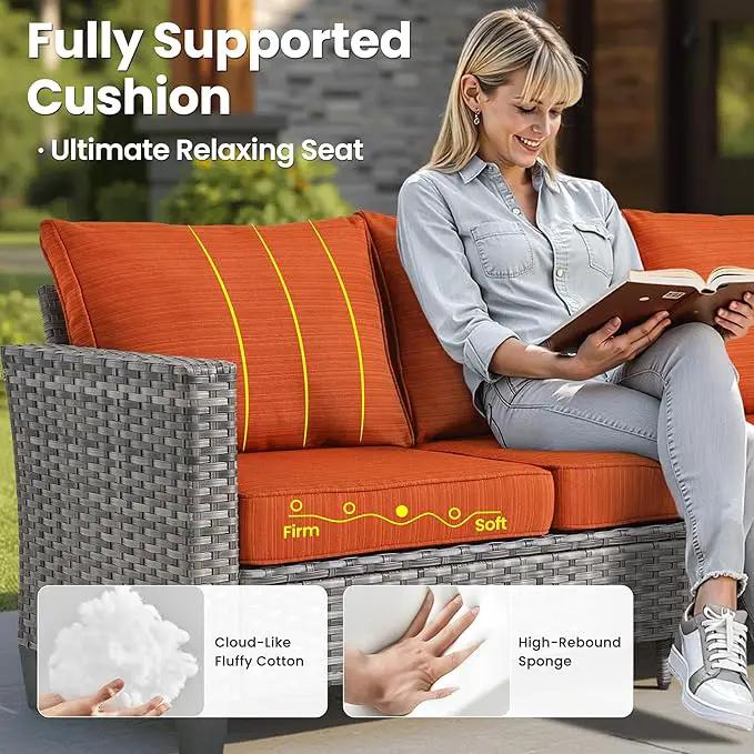 ovios 8 Pieces Patio Furniture Set with 54" Fire Pit Table, Outdoor Wicker Sofa with Comfy Cushions, All Weather High Back Rattan Couch Conversation Set, Orange Red by GreenHaven Gardens