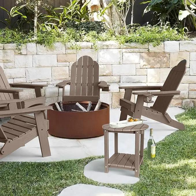 Adirondack Round Outdoor Side Table 2-Tier Storage Patio Side Table, HDPE End Tables for Backyard Pool Porch Garden Lawn (Teak) by GreenHaven Gardens