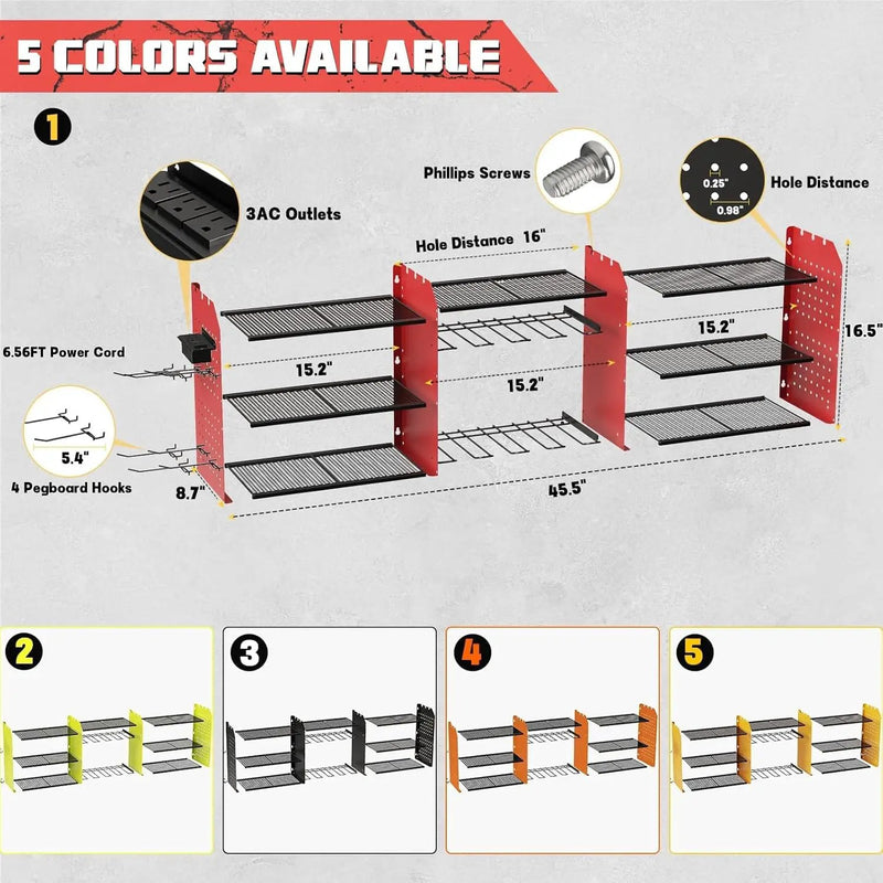 Power Tool Organizer with Charging Station Wall Mount, 3 Layer Expanded Heavy Duty Garage Organization, 45.5 Inch Length Garage Tool Storage, 8 Drills, 2 Assemble Method, Red by GreenHaven Gardens