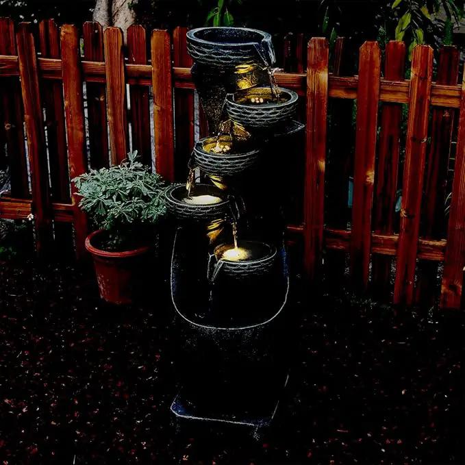 35.83''H Indoor Outdoor Modern Water Fountain 6-Tiers Garden Cascading Fountains Curve Shape Floor Standing Waterfall Water Feature with LED Light for Yard Deck Patio Home Art Decor by GreenHaven Gardens