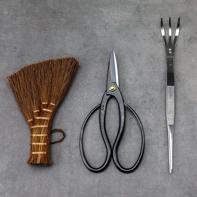 Wazakura Japanese Bonsai Garden 3PCS Tool Starter Kit, Made in Japan, Traditional Bonsai Scissors, Stainless Tweezers with Rake, Chinese Broom. Beginner Set wit Tweezers, Shears and Brush by GreenHaven Gardens