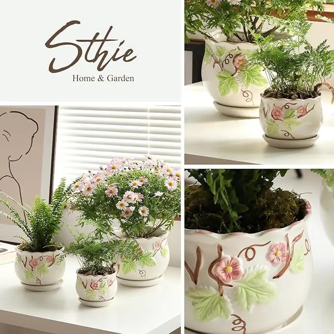 Ceramic Plant Pots with Drainage Holes and Saucers, Round Flower Pots for Indoor Plant, 3.9/5.2/6.7 Inches Small Flower Planters Set of 3 by GreenHaven Gardens