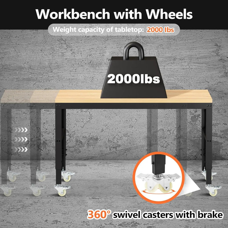 60” Adjustable Workbench，Heavy Duty Wood Work Bench 2000 Lbs Load Capacity,Work Table with Power Outlet and Wheels for Garage, Workshop, Office, Home by GreenHaven Gardens