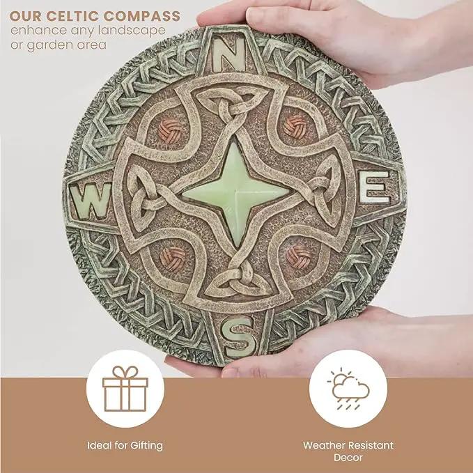 Bits and Pieces - 10” (25.5 cm) Glow-in-The-Dark Celtic Compass Decorative Stone - Yard Decoration – Beautiful Lawn/Garden Stone by GreenHaven Gardens