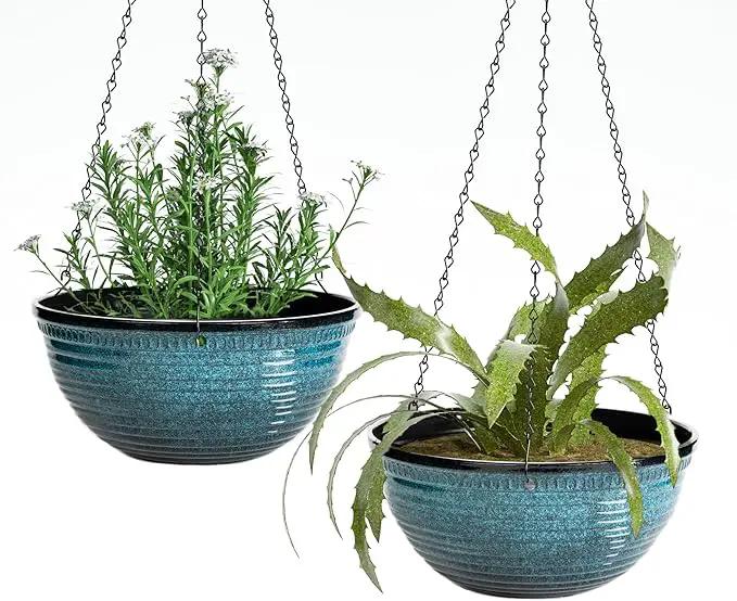 12 inch Hanging Planters for Indoor Outdoor Plants, 2 Pack Large Hanging Flower Pots with Drainage Holes and Chain, Glazed Hanging Baskets for Home Garden Decoration, Blue by GreenHaven Gardens
