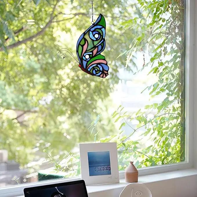 Stained Glass Window Hangings Butterfly Tiffany Style Butterfly Suncatcher for Window Hanging Suncatchers Handcrafted Ornament (Green&Blue) by GreenHaven Gardens