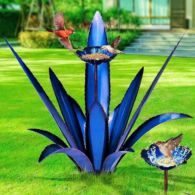 Upgraded Large Metal Yard Art, Metal Agave Plant Yard Decorations Outdoor Sculpture, Metal Flowers for Outside, Waterproof Outdoor Garden Decor (Blue+ Bird Feeder) by GreenHaven Gardens