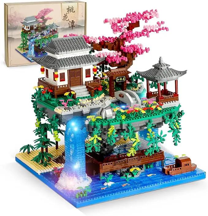 Peach Blossom Pond Micro Mini Building Blocks Set for Adults and Kids, Chinese Architecture Cherry Bonsai Gift Toys with String Lights, Japanese Flowers Tree House Micro Bricks (3320PCS) by GreenHaven Gardens