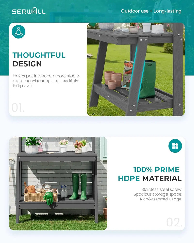 SERWALL Potting Bench Outdoor with Storage, 3-Tier HDPE Gardening Table with Angled Legs & Tool Hooks, All-Weather Heavy Duty Potting Table for Patio, Backyard, Garden, Gray by GreenHaven Gardens