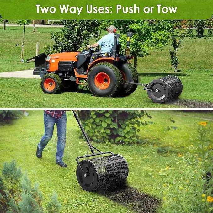 Seeutek Compost Spreader, 24" Peat Moss Spreader with 3 Heights, Top Soil Spreader W/Upgraded Side Latches Support Rod Powder Coated Metal Mesh Top Dressing Spreader for Lawn, 2 Way Uses-Push or Tow by GreenHaven Gardens