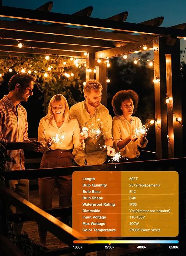 Brightown Outdoor String Lights - Connectable Dimmable LED Patio String Lights with G40 Globe Plastic Bulbs, All Weatherproof Hanging Lights for Outside Backyard Porch (50 ft - 25 LED Bulbs) by GreenHaven Gardens